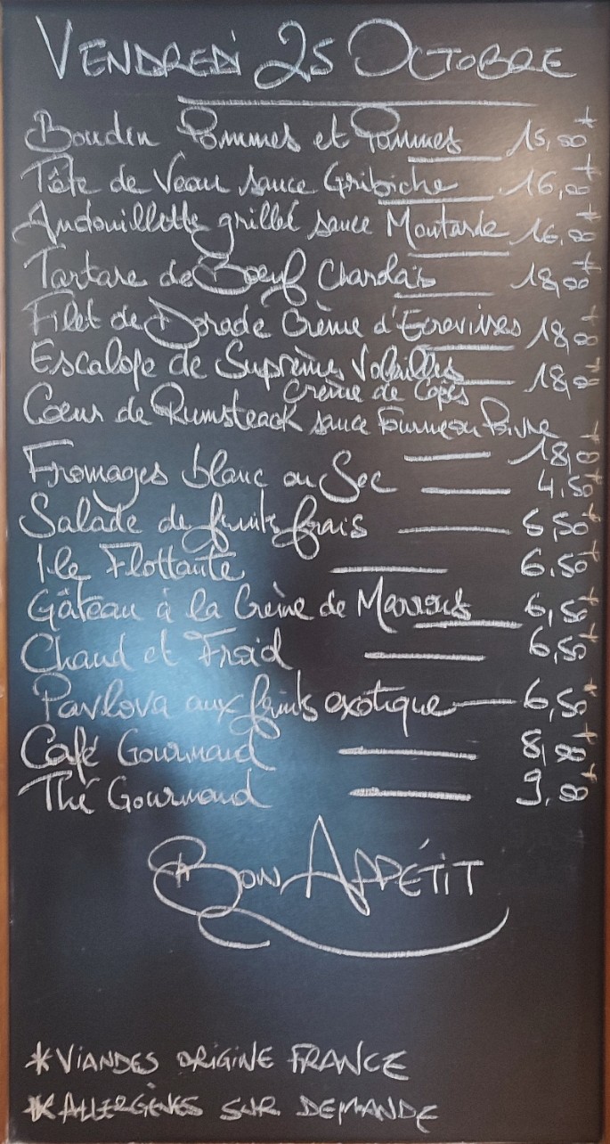 Carte restaurant du golf
